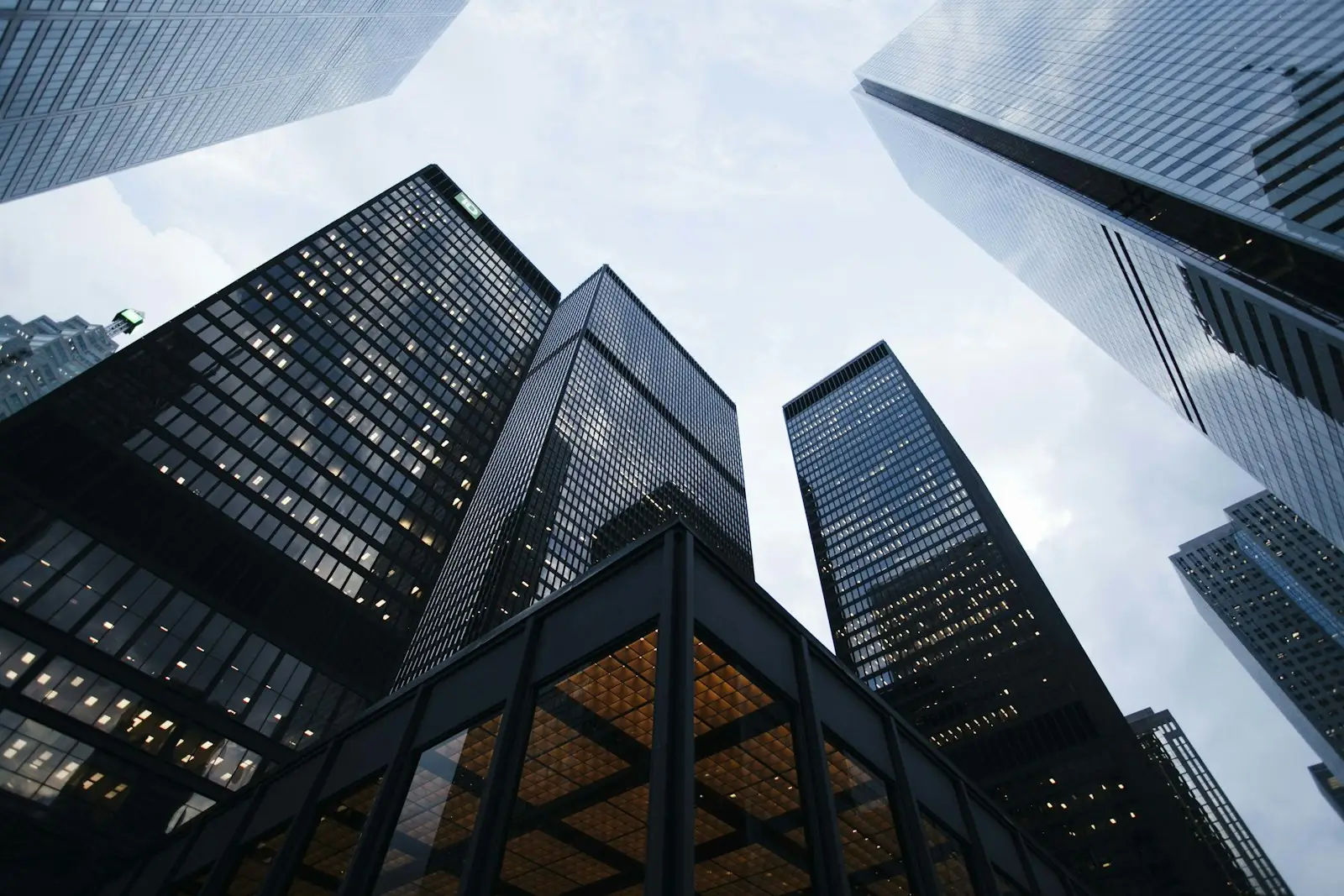 Glass towers seen from street level